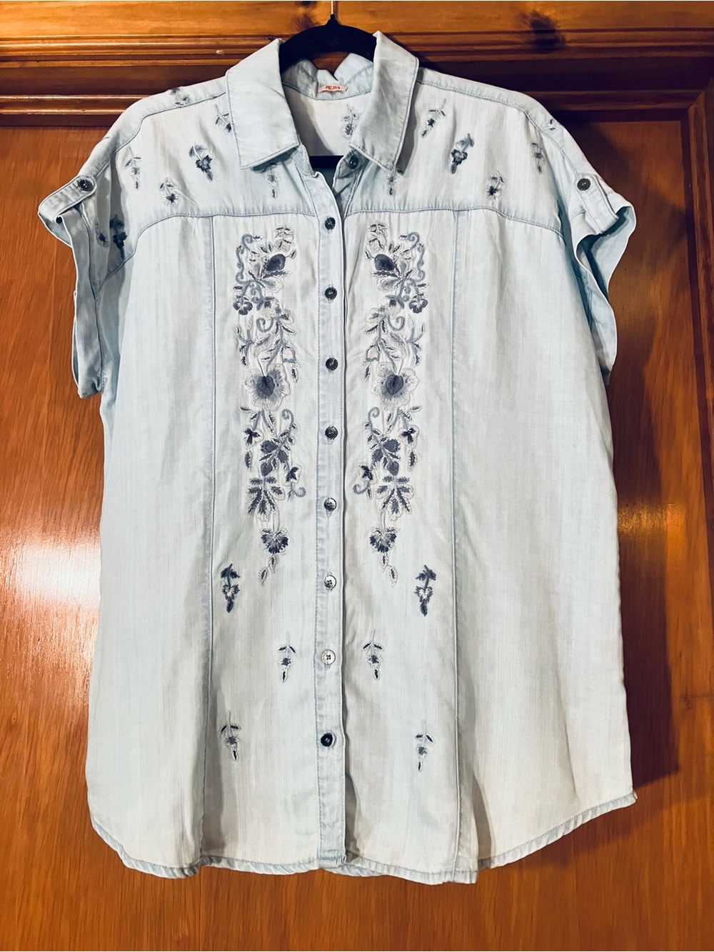 Reba Light Blue Embroidered Short-Sleeve Button-Down Shirt